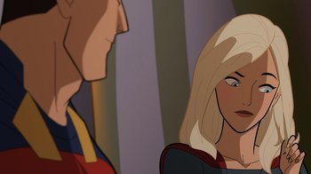 Movie still from “Legion of Super-Heroes” (2023), directed by Jeff Wamester – A man and a woman are looking at each other; Close Up shot, Over the shoulder angle