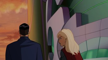 Movie still from “Legion of Super-Heroes” (2023), directed by Jeff Wamester – Two people are looking at each other in a cartoon; Medium shot, Over the shoulder angle