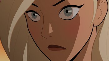 Movie still from “Legion of Super-Heroes” (2023), directed by Jeff Wamester – An illustration of a woman's face with blue eyes; Extreme Close Up shot, Over the shoulder angle