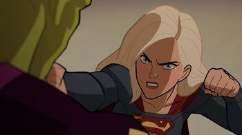 Movie still from “Legion of Super-Heroes” (2023), directed by Jeff Wamester – A woman is fighting with a man in a video game; Close Up shot, Over the shoulder angle