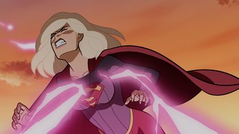 Movie still from “Legion of Super-Heroes” (2023), directed by Jeff Wamester – A man in a purple and red outfit is holding a sword; Medium shot, Low angle