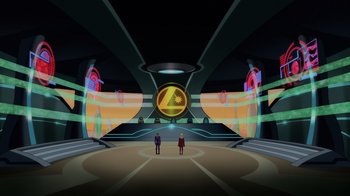 Movie still from “Legion of Super-Heroes” (2023), directed by Jeff Wamester – Two people standing in a room with a neon sign in the background; Extreme Wide shot, Low angle