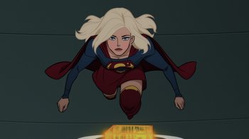 Movie still from “Legion of Super-Heroes” (2023), directed by Jeff Wamester – A cartoon of a woman flying through the air; Medium shot, Overhead angle