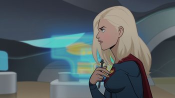 Movie still from “Legion of Super-Heroes” (2023), directed by Jeff Wamester – A woman with blonde hair is holding a cross; Close Up shot, Over the shoulder angle