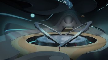 Movie still from “Legion of Super-Heroes” (2023), directed by Jeff Wamester – An artist's rendering of an interior of a building; Extreme Wide shot, Low angle