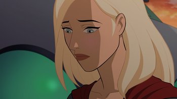 Movie still from “Legion of Super-Heroes” (2023), directed by Jeff Wamester – A woman with blonde hair is looking at the camera; Close Up shot, Over the shoulder angle