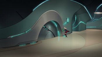 Movie still from “Legion of Super-Heroes” (2023), directed by Jeff Wamester – An image of an animated scene of a man in a futuristic setting; Extreme Wide shot, High angle