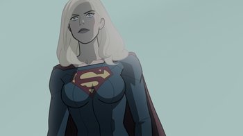 Movie still from “Legion of Super-Heroes” (2023), directed by Jeff Wamester – A woman with blonde hair wearing a blue and red costume; Close Up shot, Over the shoulder angle