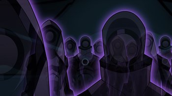 Movie still from “Legion of Super-Heroes” (2023), directed by Jeff Wamester – A group of people standing next to each other in the dark; Wide shot, Low angle