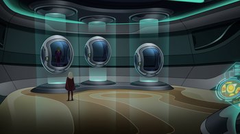 Movie still from “Legion of Super-Heroes” (2023), directed by Jeff Wamester – An image of a room that has a lot of lights in it; Extreme Wide shot, High angle