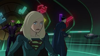 Movie still from “Legion of Super-Heroes” (2023), directed by Jeff Wamester – A man and a woman are standing next to each other; Medium shot, Over the shoulder angle