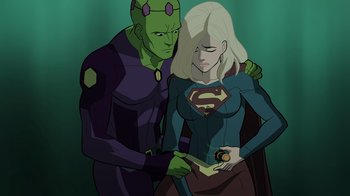Movie still from “Legion of Super-Heroes” (2023), directed by Jeff Wamester – A man and a woman dressed in superhero costumes; Medium shot, Over the shoulder angle