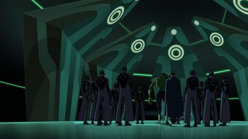 Movie still from “Legion of Super-Heroes” (2023), directed by Jeff Wamester – A group of people standing in a room with lights; Extreme Wide shot, Low angle