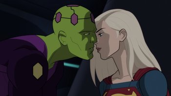 Movie still from “Legion of Super-Heroes” (2023), directed by Jeff Wamester – A man and a woman kissing each other; Close Up shot, Over the shoulder angle