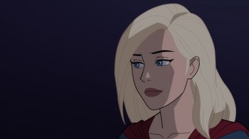 Movie still from “Legion of Super-Heroes” (2023), directed by Jeff Wamester – A woman with blonde hair and blue eyes; Close Up shot, Over the shoulder angle
