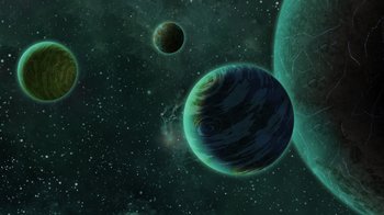 Movie still from “Legion of Super-Heroes” (2023), directed by Jeff Wamester – Two planets in a green space with stars in the background; Extreme Wide shot, Overhead angle