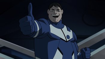Movie still from “Legion of Super-Heroes” (2023), directed by Jeff Wamester – A man in a blue and white suit giving a thumbs up; Medium shot, Low angle