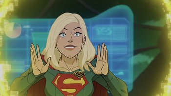Movie still from “Legion of Super-Heroes” (2023), directed by Jeff Wamester – A woman in a supergirl costume is holding her hands up; Close Up shot, Over the shoulder angle