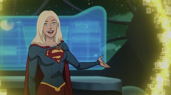 Movie still from “Legion of Super-Heroes” (2023), directed by Jeff Wamester – A cartoon of a woman in a supergirl costume; Medium shot, Over the shoulder angle