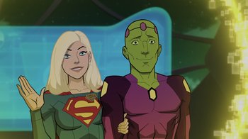 Movie still from “Legion of Super-Heroes” (2023), directed by Jeff Wamester – A woman standing next to a man in a green costume; Medium shot, Over the shoulder angle