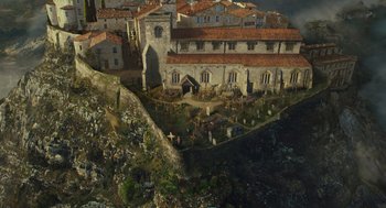 Movie still from “Les Misérables” (2012), directed by Tom Hooper – An aerial view of an old european town; Extreme Wide shot, Overhead angle
