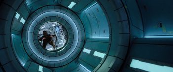 Movie still from “Life” (2017), directed by Daniel Espinosa – A view of the inside of a space station; Wide shot, Overhead angle