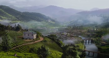 Movie still from “Life of Pi” (2012), directed by Ang Lee – A view of a small town in the mountains; Extreme Wide shot, High angle