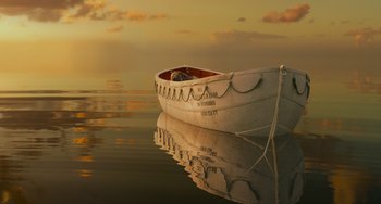 Movie still from “Life of Pi” (2012), directed by Ang Lee – A small boat floating on top of a body of water; Extreme Wide shot, Low angle