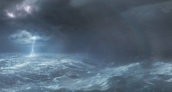 Movie still from “Life of Pi” (2012), directed by Ang Lee – A large body of water under a cloudy sky; Extreme Wide shot, High angle