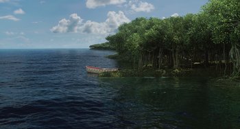 Movie still from “Life of Pi” (2012), directed by Ang Lee – A boat floating on top of a body of water near trees; Extreme Wide shot, High angle