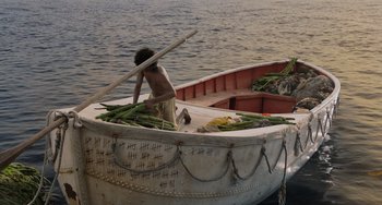 Movie still from “Life of Pi” (2012), directed by Ang Lee – A man is sitting in a small boat with vegetables; Wide shot, High angle