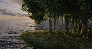 Movie still from “Life of Pi” (2012), directed by Ang Lee – A person in a boat on the water; Extreme Wide shot, High angle