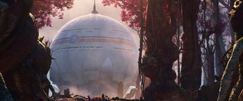 Movie still from “Lightyear” (2022), directed by Angus MacLane – An image of an alien ship in the middle of a forest; Extreme Wide shot, Low angle