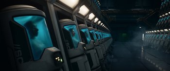 Movie still from “Lightyear” (2022), directed by Angus MacLane – A row of seats in a room with lights on them; Extreme Wide shot, High angle