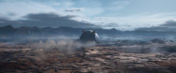 Movie still from “Lightyear” (2022), directed by Angus MacLane – An image of an abandoned space station on the surface of the ground; Extreme Wide shot, High angle