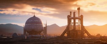 Movie still from “Lightyear” (2022), directed by Angus MacLane – An oil rig in the middle of the desert; Extreme Wide shot, Low angle