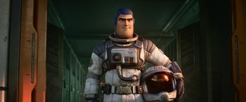 Movie still from “Lightyear” (2022), directed by Angus MacLane – An image of a man in a spaceman outfit; Medium shot, Low angle