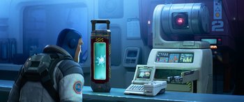 Movie still from “Lightyear” (2022), directed by Angus MacLane – An image of an animated scene with a phone and a cell phone; Medium shot, Over the shoulder angle