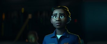 Movie still from “Lightyear” (2022), directed by Angus MacLane – An animated boy with headphones on his head; Close Up shot, Over the shoulder angle