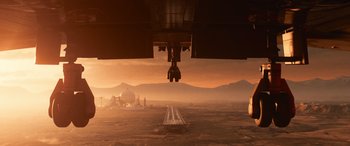 Movie still from “Lightyear” (2022), directed by Angus MacLane – An image of an airplane in the middle of the desert; Extreme Wide shot, Low angle