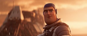 Movie still from “Lightyear” (2022), directed by Angus MacLane – An image of an animated character in a space suit; Close Up shot, Low angle