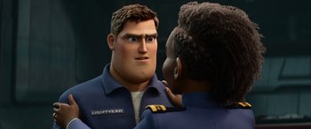 Movie still from “Lightyear” (2022), directed by Angus MacLane – A man is looking at himself in the mirror; Close Up shot, Over the shoulder angle