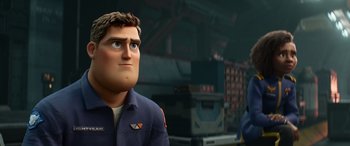Movie still from “Lightyear” (2022), directed by Angus MacLane – An animated picture of a man in a blue uniform; Close Up shot, Over the shoulder angle