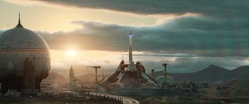 Movie still from “Lightyear” (2022), directed by Angus MacLane – An image of an alien space station in the middle of the night; Extreme Wide shot, Low angle