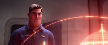 Movie still from “Lightyear” (2022), directed by Angus MacLane – An animated character is looking into the distance; Close Up shot, Over the shoulder angle