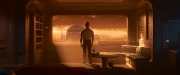 Movie still from “Lightyear” (2022), directed by Angus MacLane – A man standing in front of an open window looking out at a city; Wide shot, Over the shoulder angle