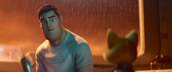 Movie still from “Lightyear” (2022), directed by Angus MacLane – A man in a white shirt is looking at another man; Close Up shot, Over the shoulder angle