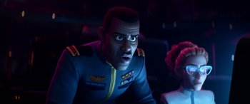 Movie still from “Lightyear” (2022), directed by Angus MacLane – A man in a blue jacket is looking at the camera; Close Up shot, Over the shoulder angle
