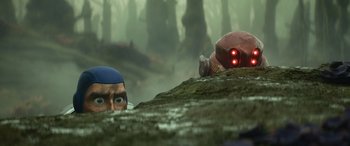 Movie still from “Lightyear” (2022), directed by Angus MacLane – Two people are looking at each other in the woods; Wide shot, Over the shoulder angle