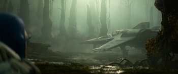 Movie still from “Lightyear” (2022), directed by Angus MacLane – A fighter jet sitting on top of a dirt field; Extreme Wide shot, Low angle